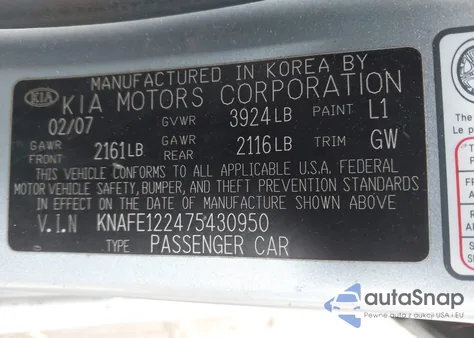 2007 Kia Spectra Ex z USA, uszkodzony, nr VIN KNAFE122475430950